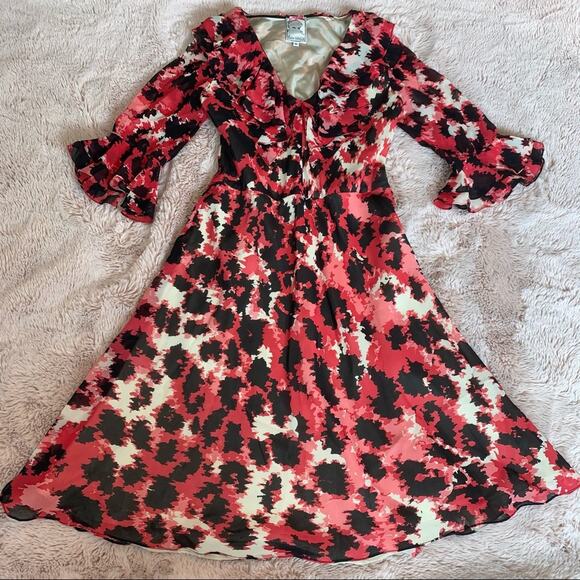 Yoana Baraschi Red & Black Abstract Print Silk Ruffle Dress Size: Medium - Picture 1 of 16
